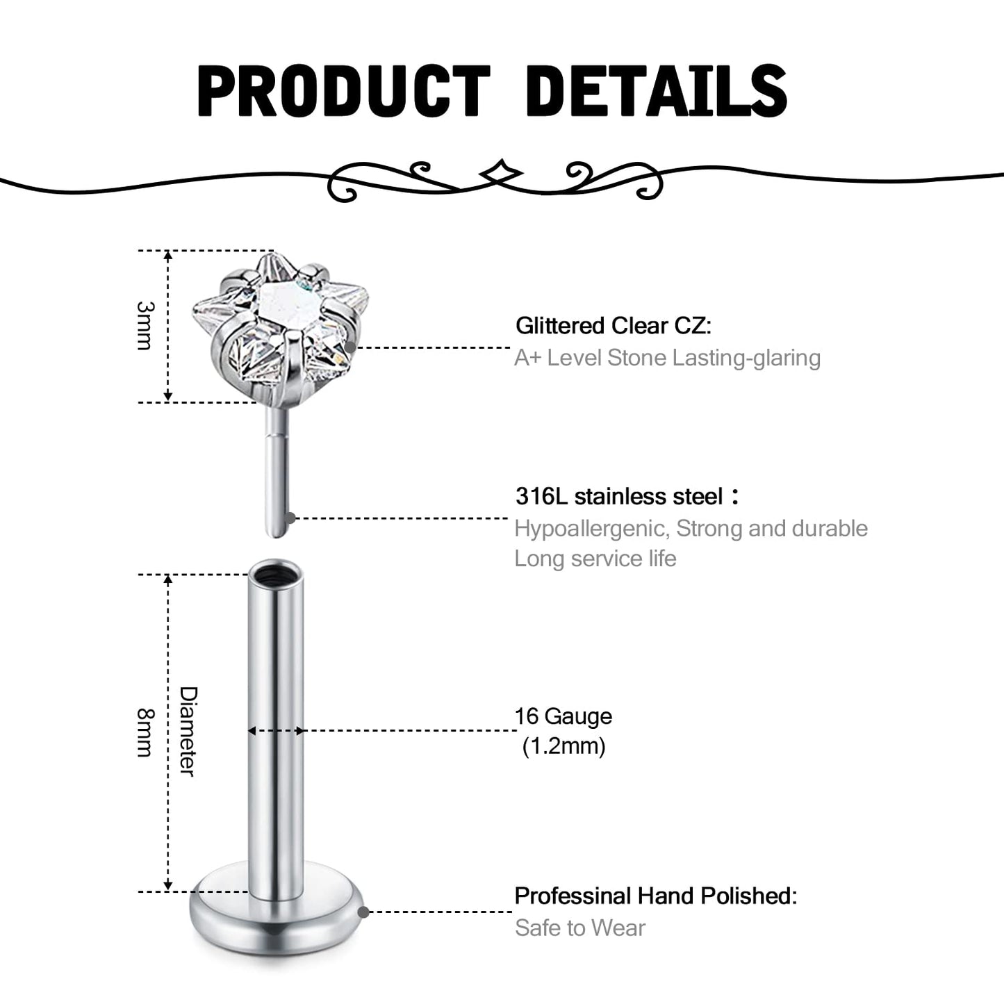 VFUN 16G Tragus Earrings Mixed Styles Bioflex Stainless Steel Lip Rings Labret Piercing Clear Helix Piercing Threadless Lip Stud Rings 10PCS 8MM