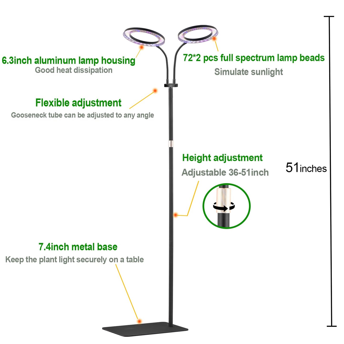 yadoker Desk Plant Grow Light for Indoor Plant, Dual-Head LED Grow Light,Height Adjustable,Automatic Timer with 8/12/16 Hours,10-Level Brightness,Ideal for Large Plant Grow