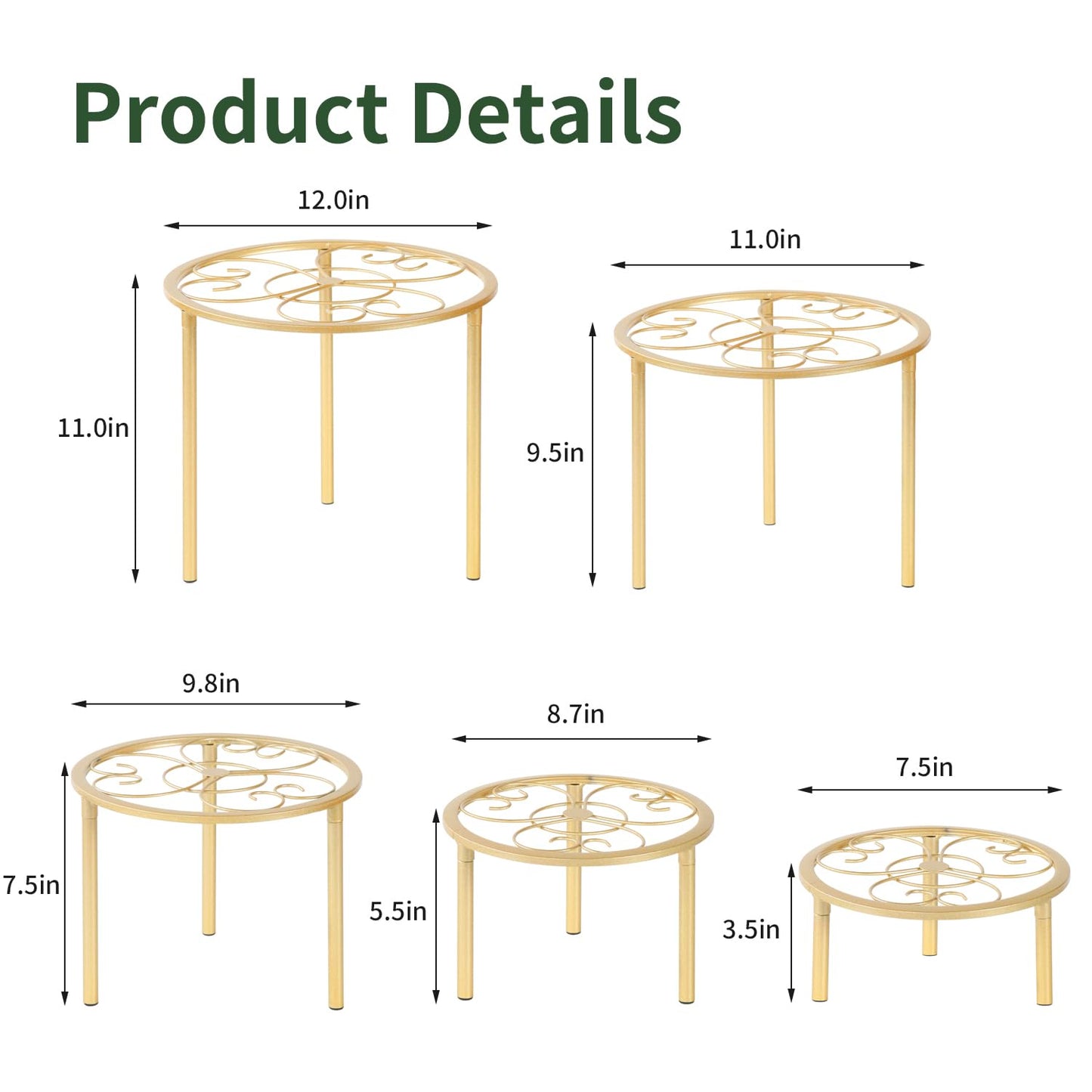 mekpiwu 5-piece set of metal plant potted flower racks, heavy-duty flower pot plant racks of different sizes, iron flower racks, suitable for indoor and outdoor home decoration (Black) (5, Gold)