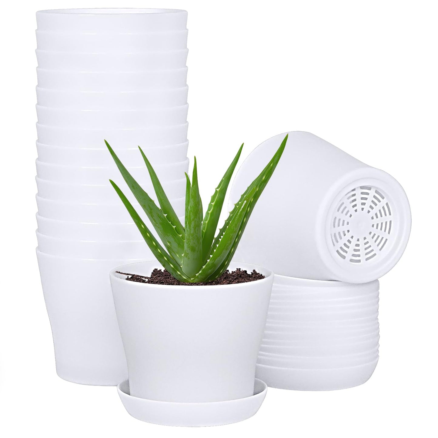 JERIA 16-Pack 4" Plastic Flower Plant Pots Thickened Seedlings Nursery Pots, Flower Plant Container Seed Starting Pots with Pallet (White)