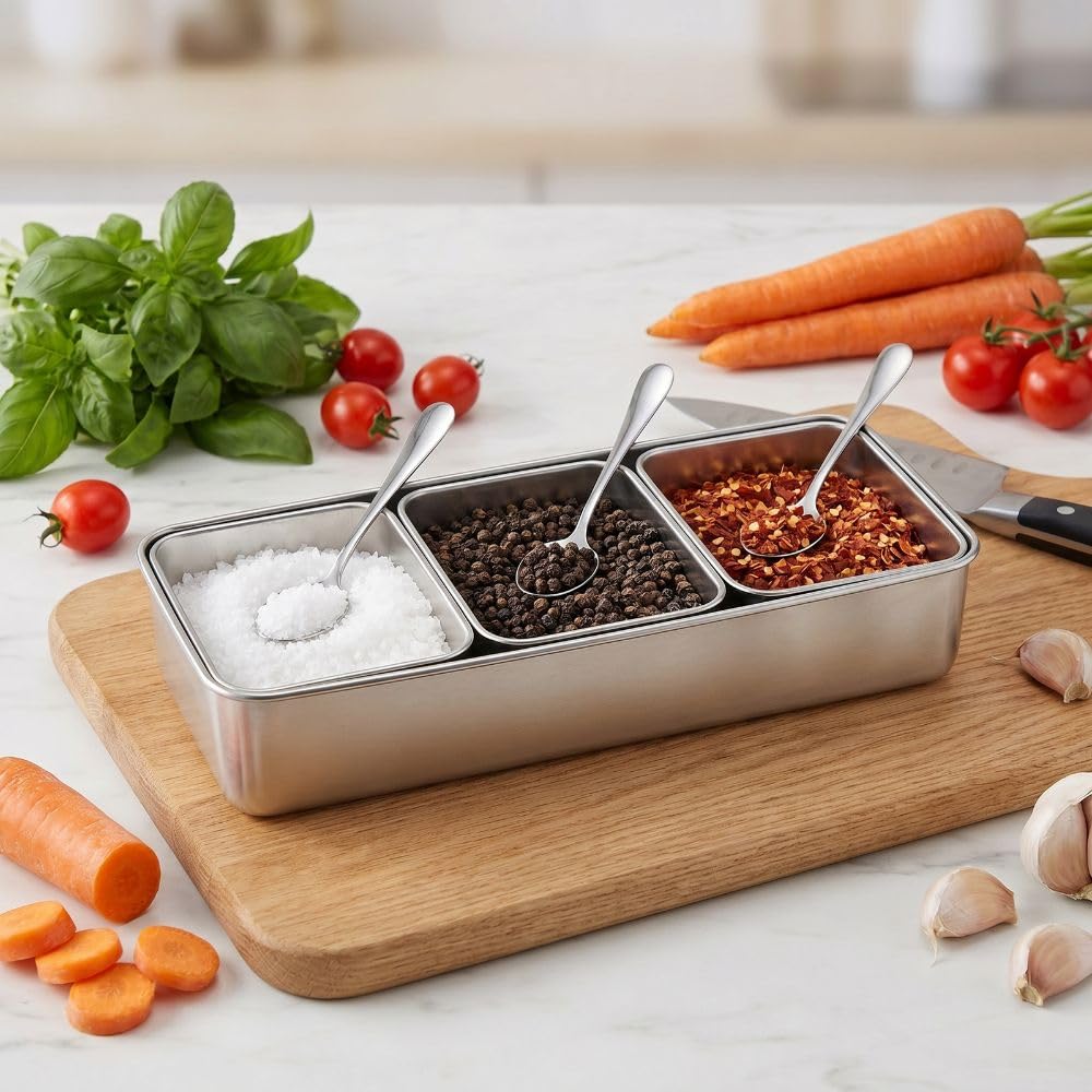 Anu Limen Stainless Steel Condiment Pots 3 Compartment – Spice Storage Box with Lid and 3Pcs Spoons for Salt, Sugar, Peppers 12.99x5.91x2.56 In