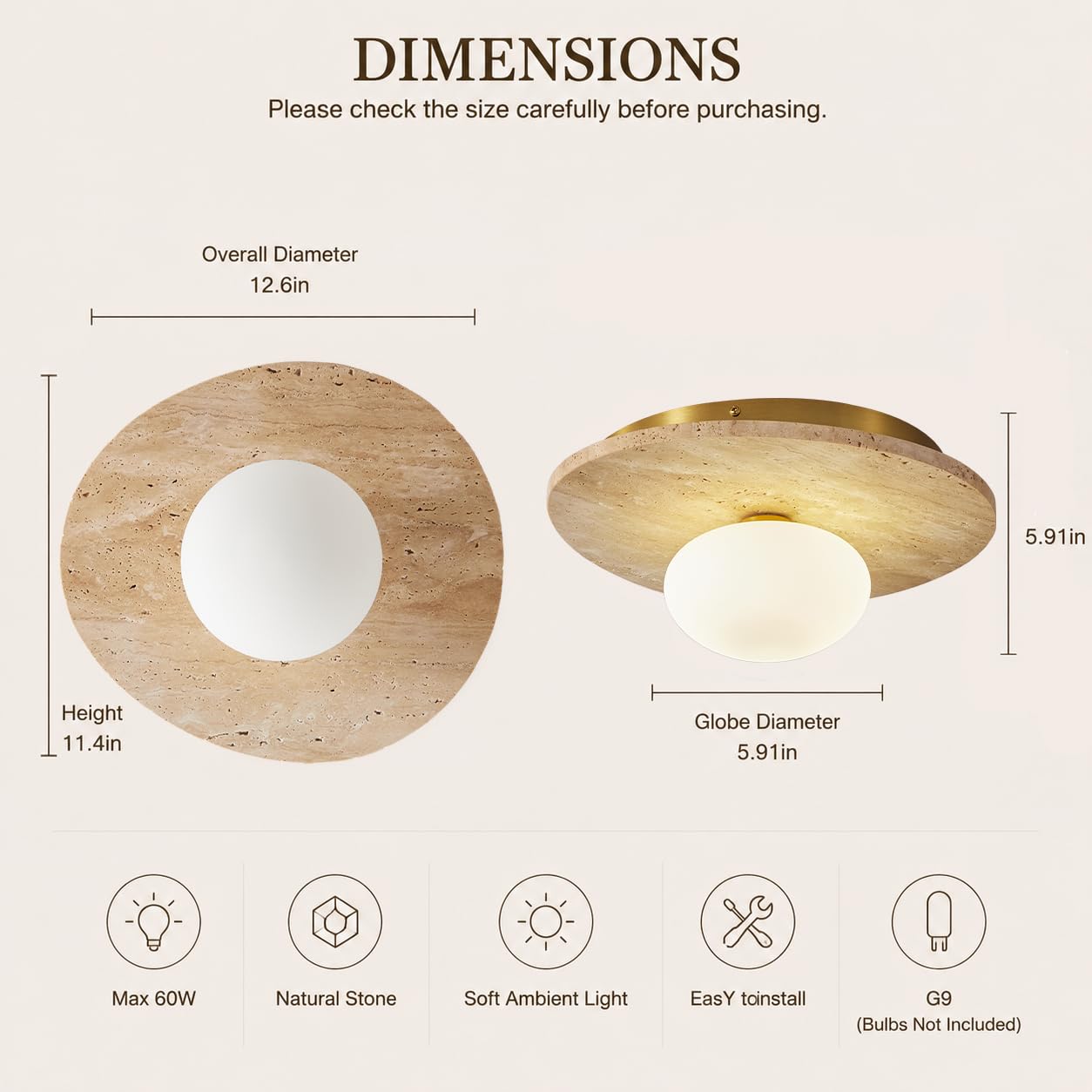 BCGMYLN Natural Travertine Ceiling Light, 12.6inch Modern Flush Mount Ceiling Light Fixture with Frosted Glass Globe, Stone Ceiling Lamp for Hallway Entryway Bedroom Bathroom,G9 Bulb Not Included
