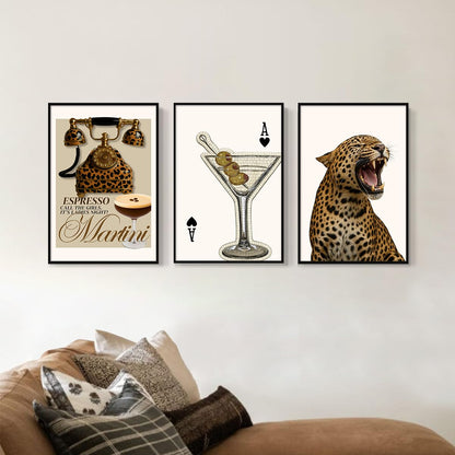 XMJJQQ Fashion Cheetah Painting Poster, Leopard Telephone & Espresso Martini Canvas Wall Art, Spade Poker Cocktail Picture Bar Cart Wall Decor, Set of 3 Chic Girly Dorm Bedroom Print 8x12in Unframed