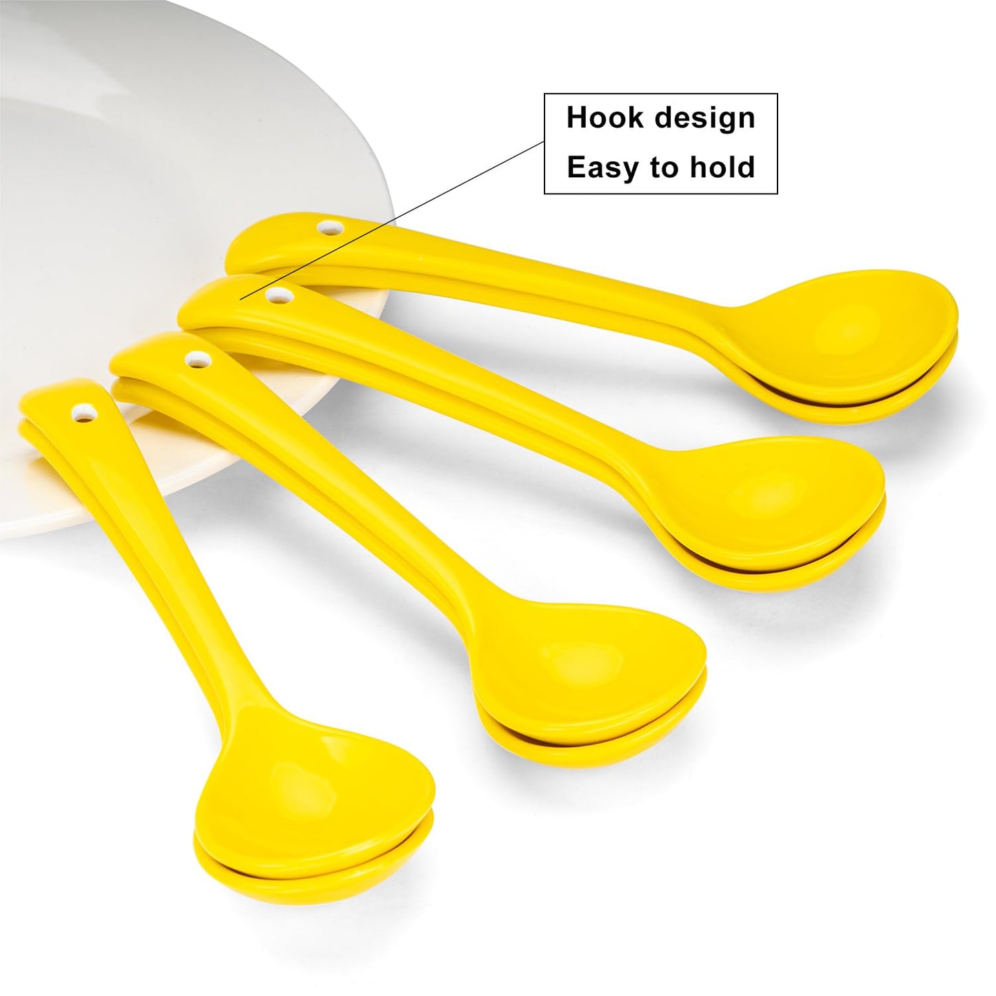 Ceramic Spoons Set of 8, Ceramic Chinese Soup Spoon, Asian Soup Spoons, Yellow Japanese Spoon Large for Ramen Pho Wonton Dumpling Miso, Deep Oval Hook Design (8, Yellow)