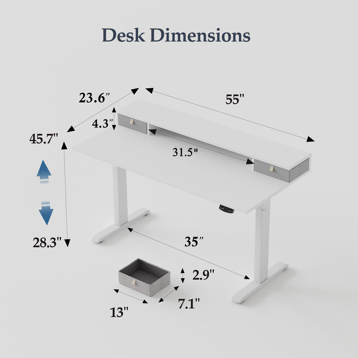 Klicelor 55 x24 Inch Electric Standing Desk with Drawers, Adjustable Height Small Sit Stand Desk for Home Office, Compact Computer Workstation with Storage– White