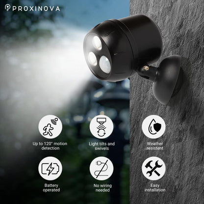 Proxinova Outdoor LED Security Lights, Motion Sensor Lights Outdoor, Outdoor Lights Battery Powered, PIR Sensor, Bright LED Floodlight Battery Powered Outdoor Lights 360° Rotation, Compact & Easy Fit