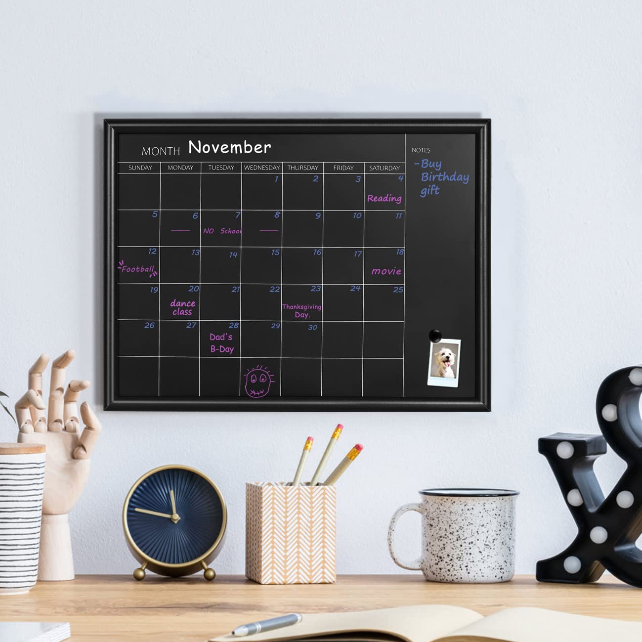TORASO Calendar Chalkboard,Small Magnetic Surface Black Wood Frame Chalk Board for Planning,10.6 x 14.6 inches,School Timetable Memo, Hanging Board for Office, School and Home(YLHB-BK-2737)