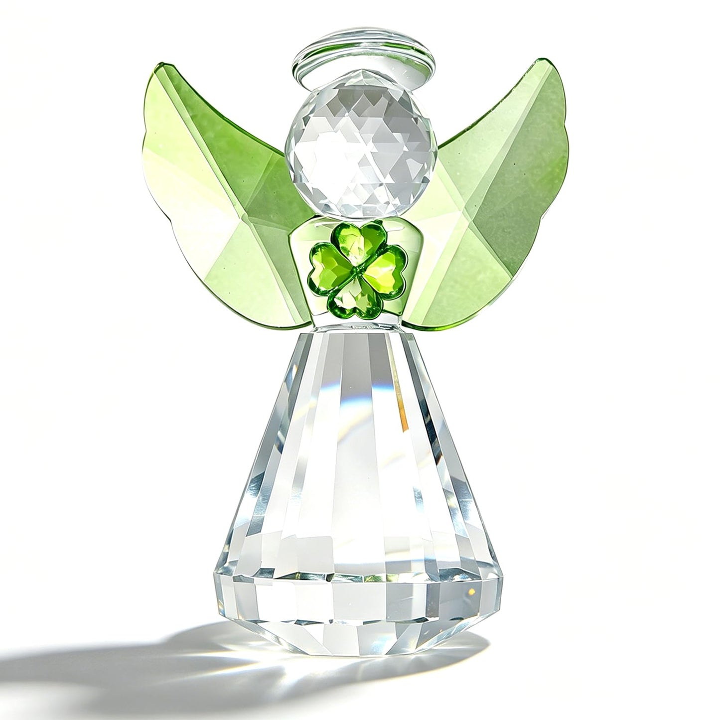 MysticGlitz 3.35in Crystal Guardian Angel Figurine with Green Four‑Leaf Clover, Handcrafted Ornament, Lucky Tabletop Decor Paperweight, Gift for Women Mother's Day Birthday Christmas(Green)