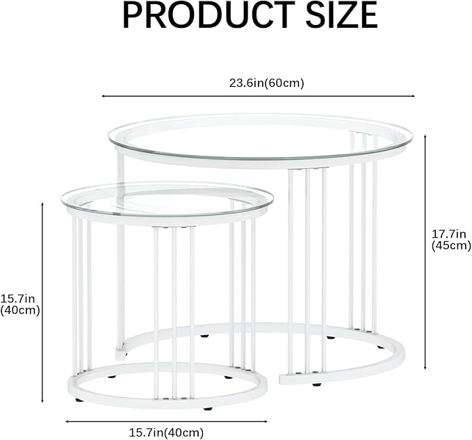 Garden 4 you Nesting Coffee Table, 23.6" Round Coffee Table Set of 2, Glass