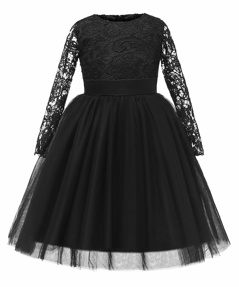 Flower Girl Dress Long Sleeves Lace Top Tulle Skirt Girls Lace Party Dresses (Size 10,Black)
