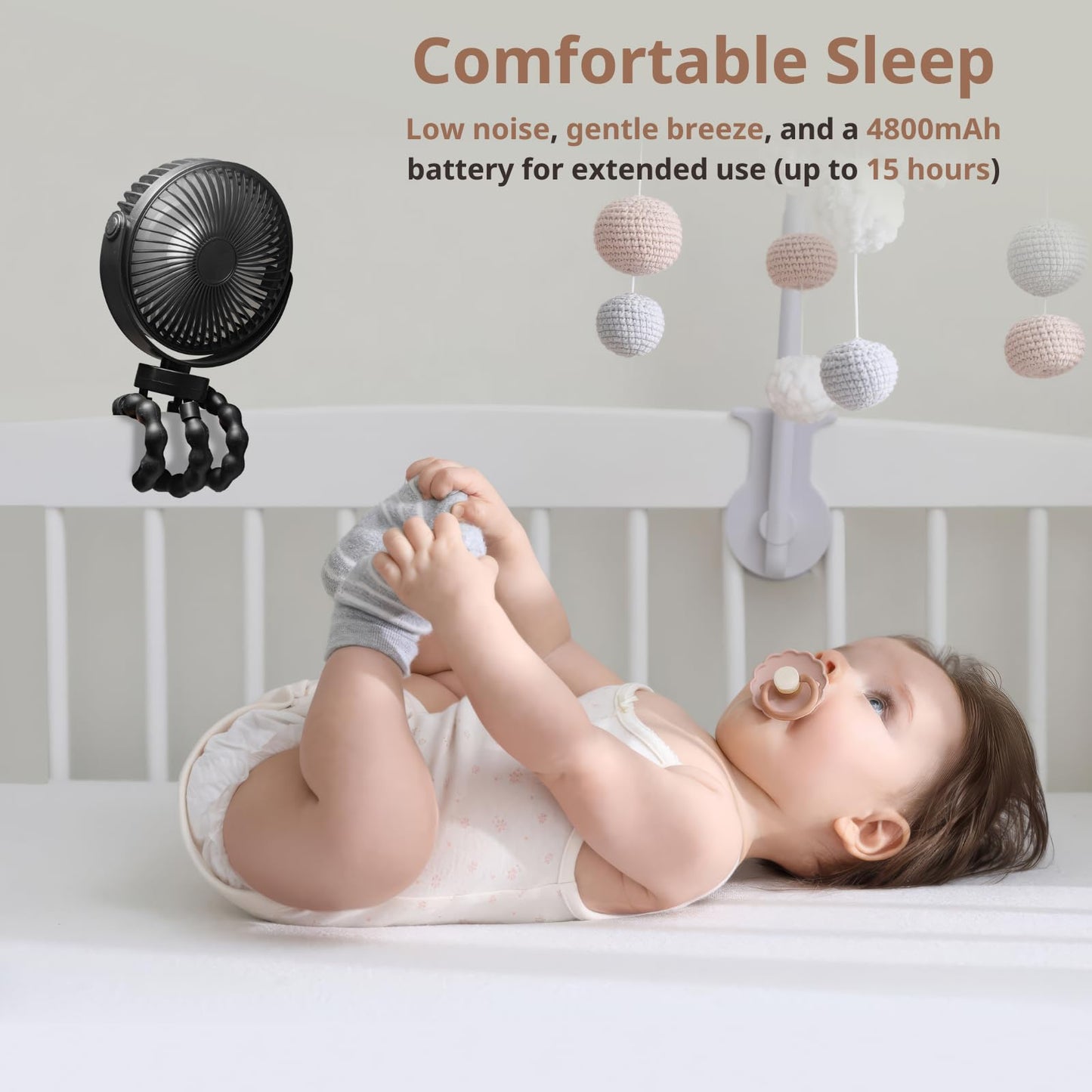 Portable Fan Clip on - 6-inch Rechargeable Fan for Baby Strollers, Car Seats & More; Stroller Accessories for Outings, 4800 mAh Battery for Camping, Gym, Beach (White)