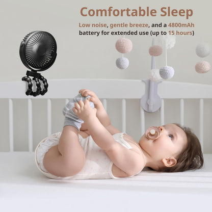 Portable Fan Clip on - 6-inch Rechargeable Fan for Baby Strollers, Car Seats & More; Stroller Accessories for Outings, 4800 mAh Battery for Camping, Gym, Beach (White)