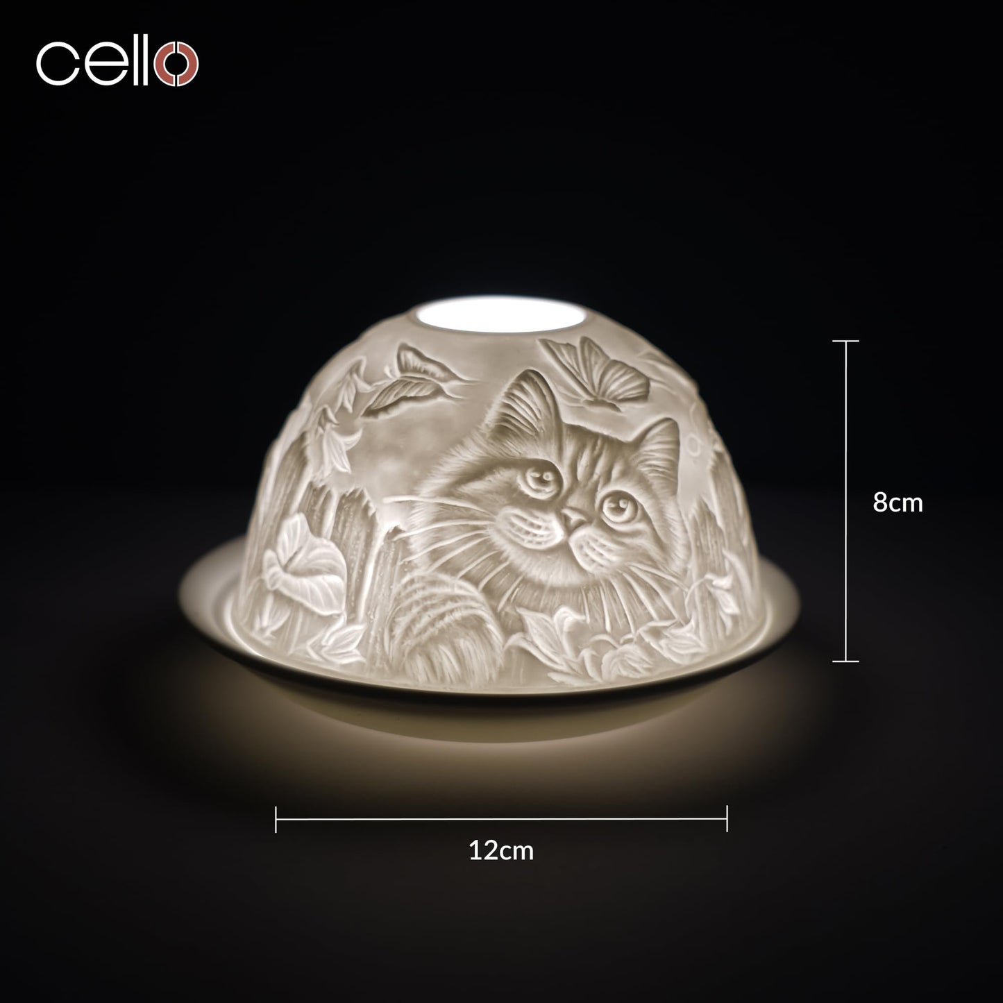 Cello Porcelain Tealight Holder Dome - Cat Design Design with 3D Projection Image & Message Scented Unscented LED Candle Wax Warmer Animal Lovers Nature Gifts Ornament Home for Women Mom Easter