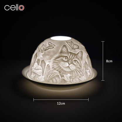 Cello Porcelain Tealight Holder Dome - Cat Design Design with 3D Projection Image & Message Scented Unscented LED Candle Wax Warmer Animal Lovers Nature Gifts Ornament Home for Women Mom Easter