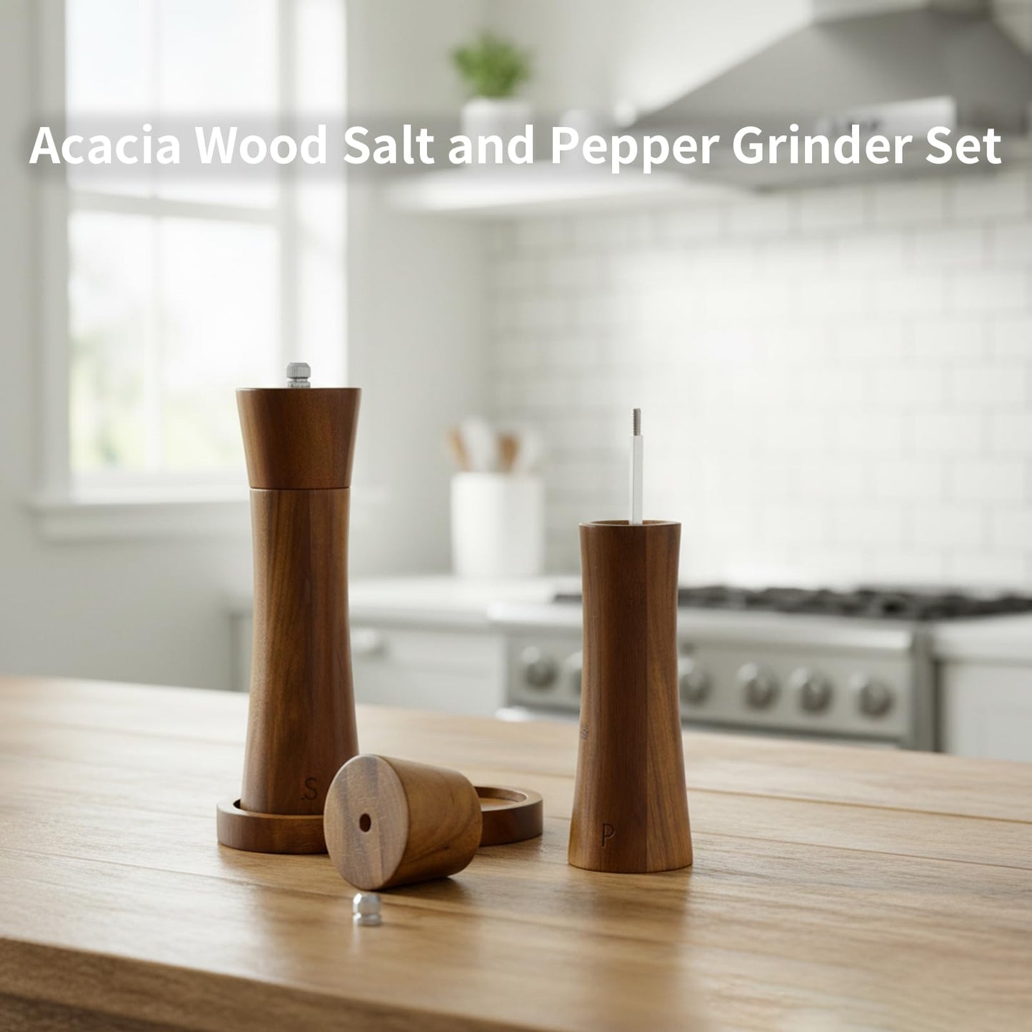 Amestar 2 Pack Acacia Wooden Salt and Pepper Grinder Set, 8.3 Inch Salt Grinder Refillable with Adjustable Coarseness, Manual Pepper Grinder with Ceramic/Stainless Steel Core, Home Essentials