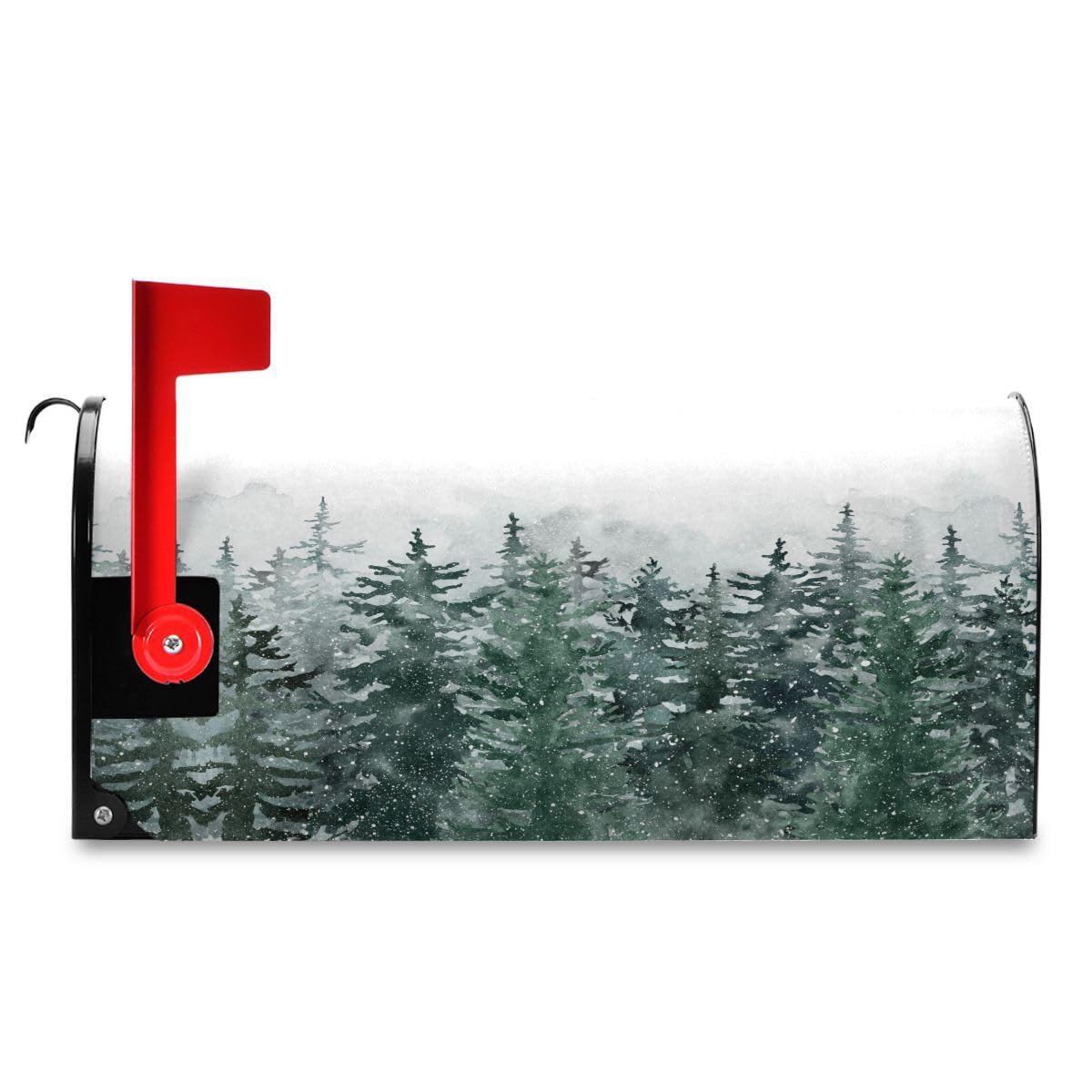 Winter Forest Tree Scenery Snow Magnetic Mailbox Cover Christmas White Green Xmas Mailbox Covers Standard Size Garden Yard Post Wraps Mail Box Cover Outdoor Decorations 25" L x 21" W