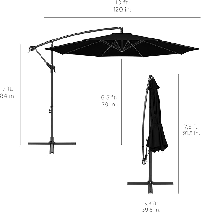 Best Choice Products 10ft Offset Hanging Market Patio Umbrella w/Easy Tilt Adjustment, Polyester Shade, 8 Ribs for Backyard, Poolside, Lawn and Garden - Black