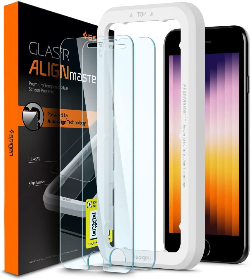 Spigen Tempered Glass Screen Protector [GlasTR AlignMaster] designed for iPhone SE 3 (2022), iPhone SE 2 (2020), iPhone 8, iPhone 7 (2 Pack)