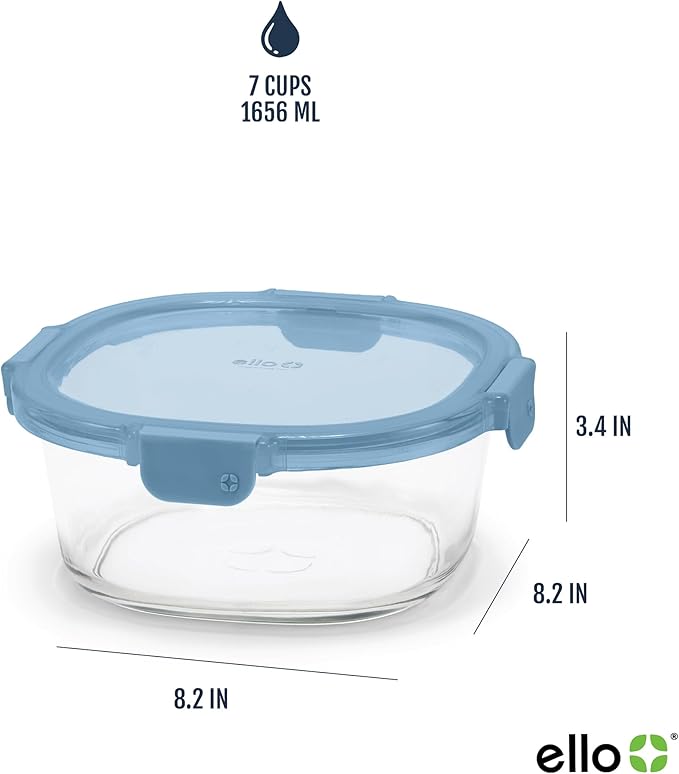 Ello Color Lock 7 Cup 4PC, 2 Pack Glass Meal Prep Sets Leak-Proof Glass Food