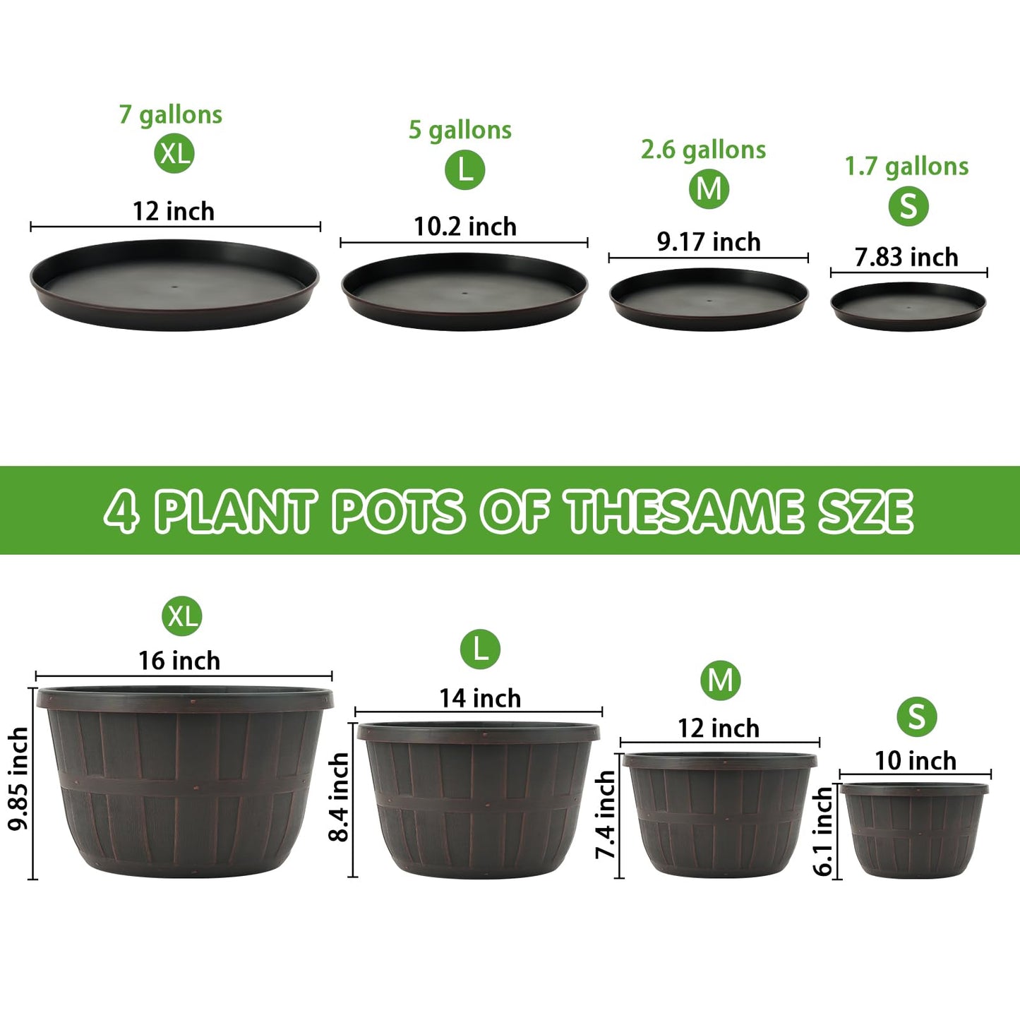 Quarut 16 Inch Brown Classic Plastic Whiskey Barrel Planters Set of 4 with Drainage Holes & Trays for Indoor & Outdoor Use