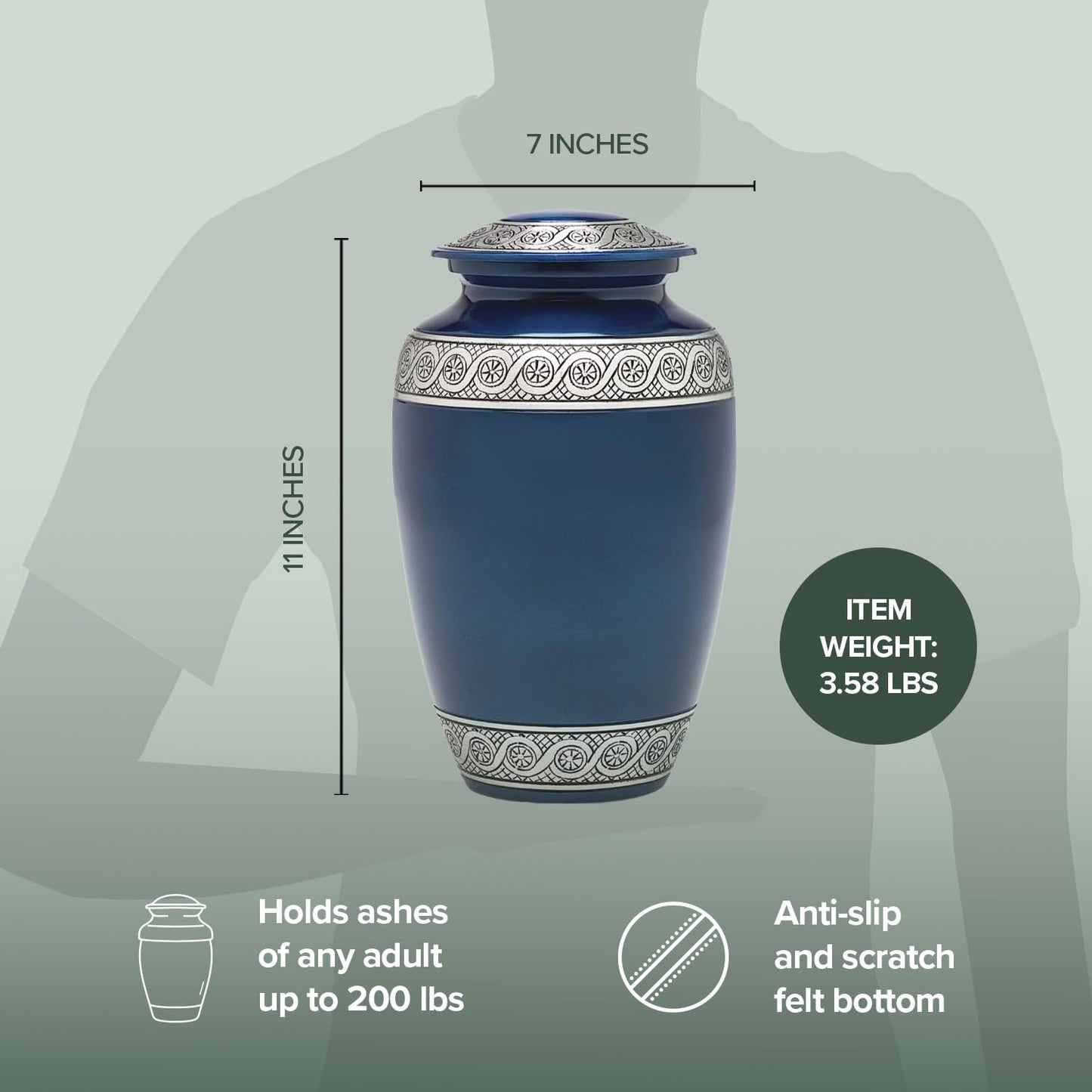 Eternal Harmony Cremation Urn for Human Ashes | Memorial Urn Carefully Handcrafted with Elegant Finishes to Honor and Remember Your Loved One | Adult Urn Large Size with Beautiful Velvet Bag (Blue)