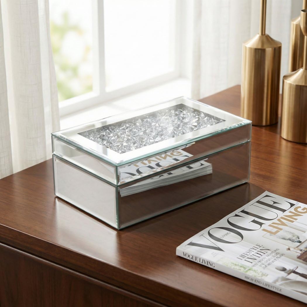 Luxury Silver Crushed Diamond Glass Mirrored Jewelry Organizer Box Storage
