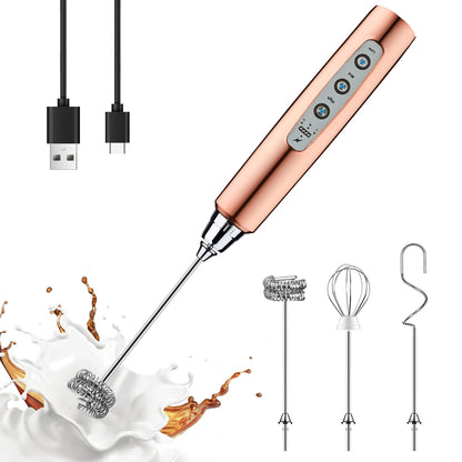 YUSWKO Black Handheld Milk Frother Wand for Coffee, Rechargeable Electric Whisk with 3 Heads 3 Speeds Drink Mixer Coffee Frother For Latte, Cappuccino, Hot Chocolate, Egg