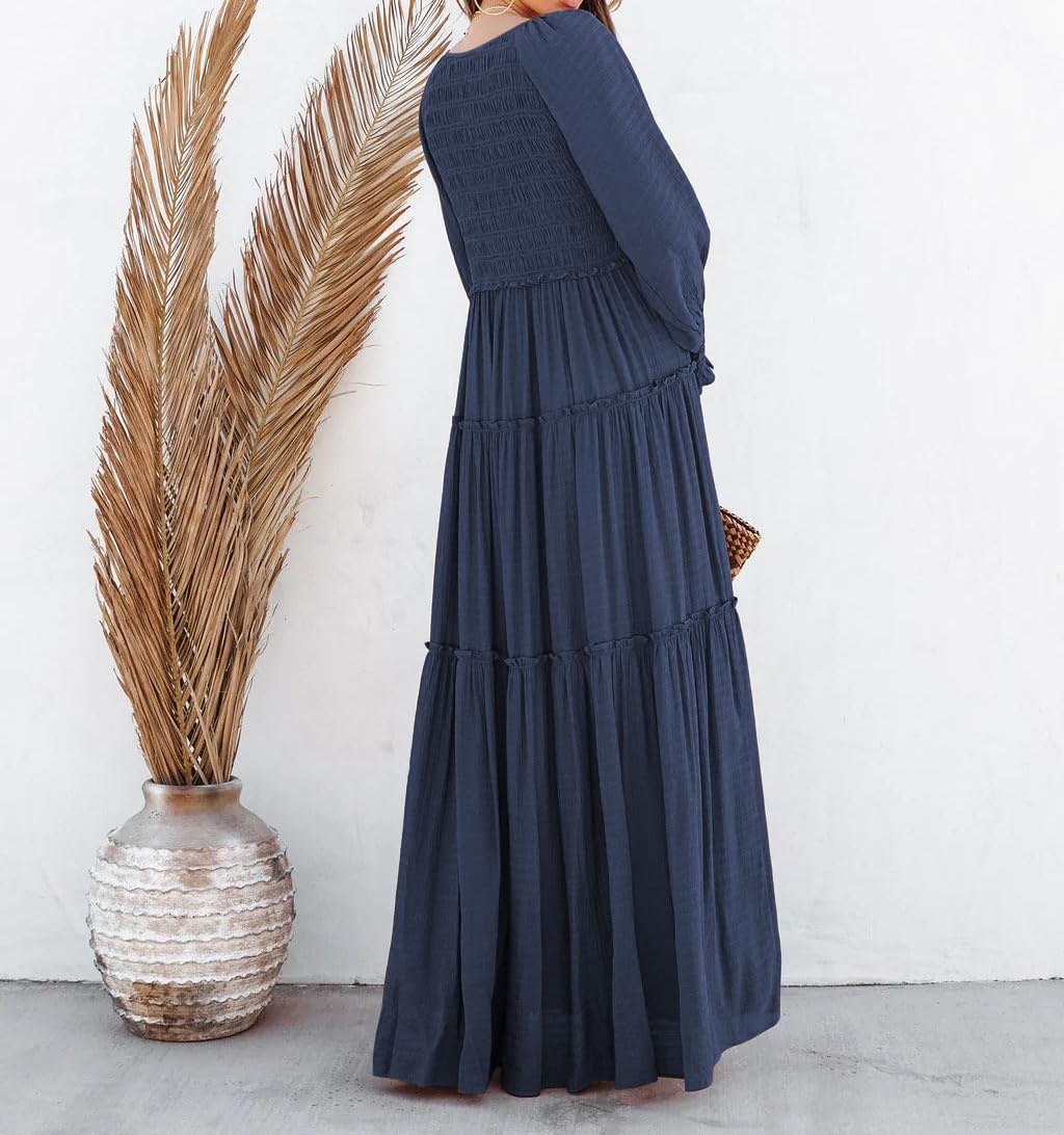 R.Vivimos Maxi Dress for Women Long Sleeve V Neck Empire Waist Layered Ruffle Boho Casual Flowy Long Dresses