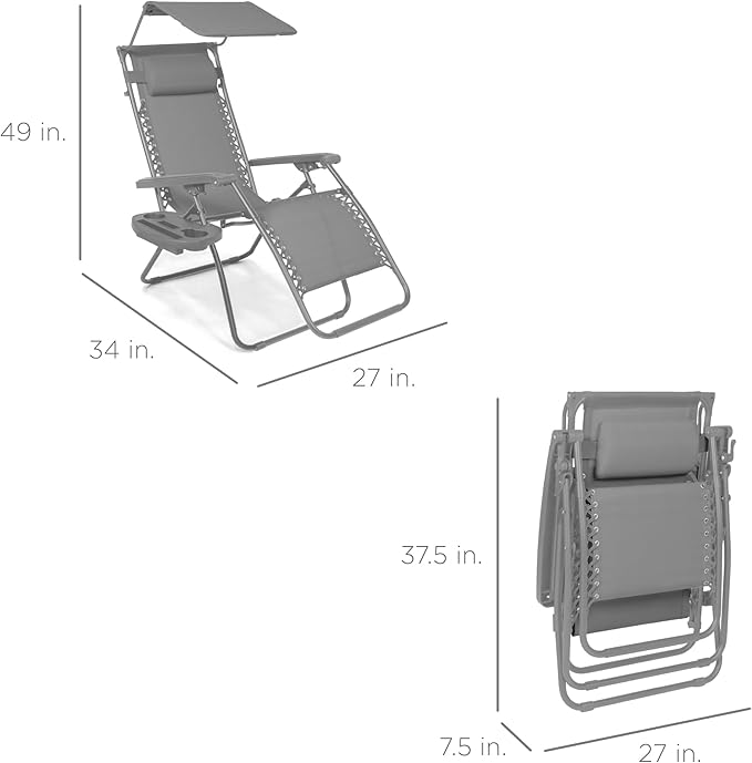 Best Choice Products Folding Zero Gravity Outdoor Recliner Patio Lounge Chair w/Adjustable Canopy Shade, Headrest, Side Accessory Tray, Textilene Mesh - Dove Gray