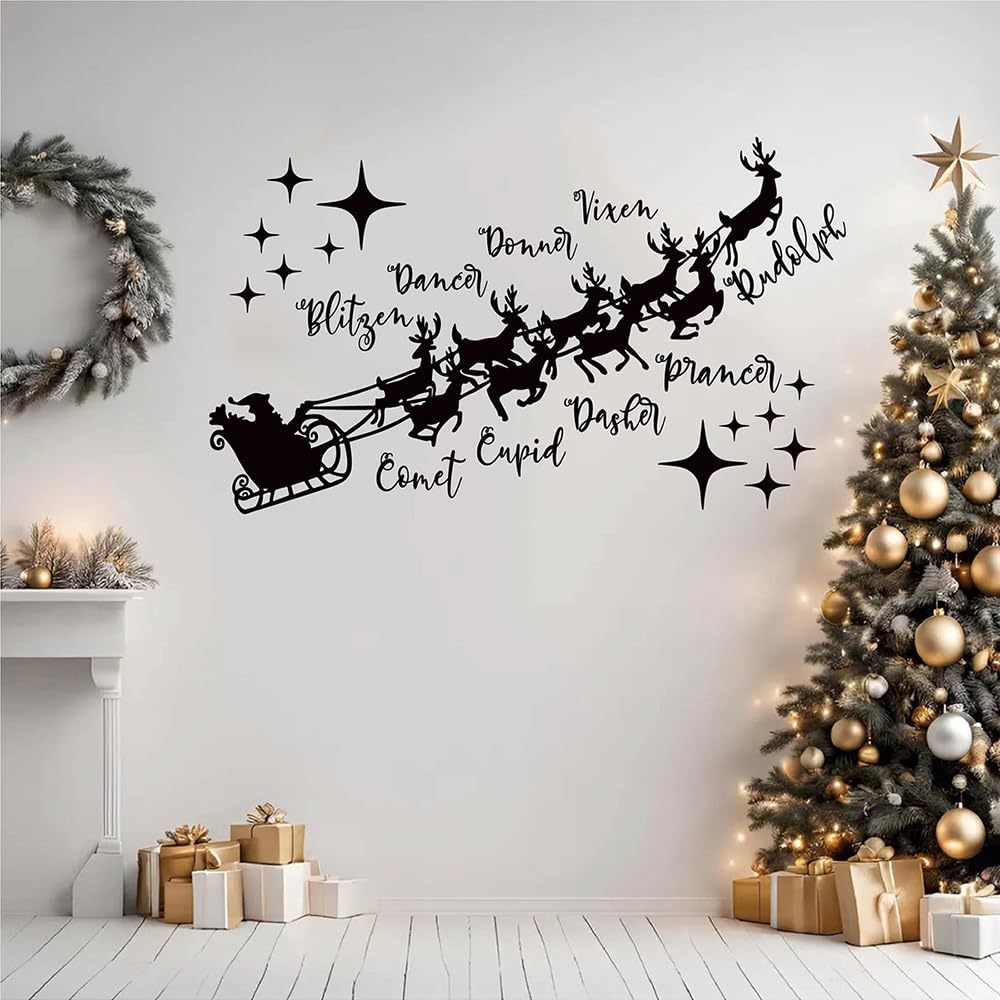 Christmas Wall Decal with Santa's Sleigh and Reindeer Names, 22.5 x 15.2 inches, Holiday Home Decoration (Black) MC054