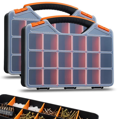 Andalus Tools Organizer Box, Small Parts Storage 18-Compartment Portable Hardware Organizer Removable Plastic Dividers for Screws, Nuts, Bolts, Nails – Orange (2 Pack, 12.75" x 10" x 1.75")