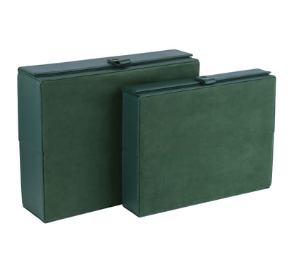 HofferRuffer Photo Storage Boxes with Dust-Proof Lid, Set of 2 Faux Leather Lidded Storage Bins, Photo, Jewelry, Scrapbooking Supplies, Keepsake Organizer for Elegant Home & Office Decor (Green)