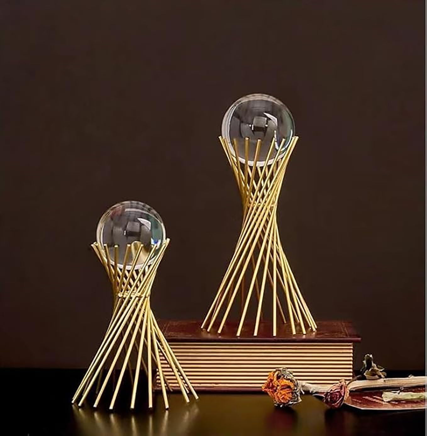 WQKING 3D Modern Abstract Art Crystal Ball with Gold Iron Stand Decorative Ornaments for Living Room Bedroom TV Cabinet Crafts Gifts Office Home Deco (5.5" D x 3.1" W x 7" H)