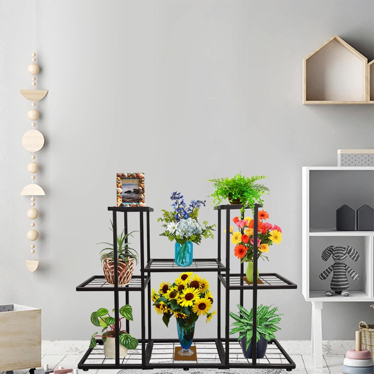 MTB Garden 3 Tier 8 Potted Metal Large Plant Stand for Indoor Outdoor Flower Pot Display Planter Shelf, Charcoal Grey