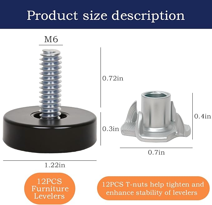 24 PCS M6 Thread Furniture Feet Levelers, Furniture Leveling Feet