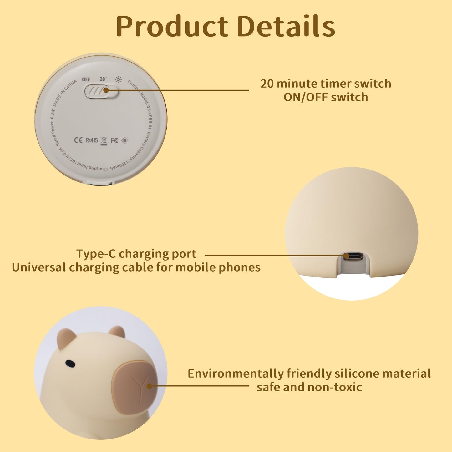 Ammonite Capybara Night Light, Cute Orange Capy Lamp for Kids, Soft Silicone Kids Nursery Nightlight LED Touch Light, Bedroom Decor as Xmas Birthday Gifts