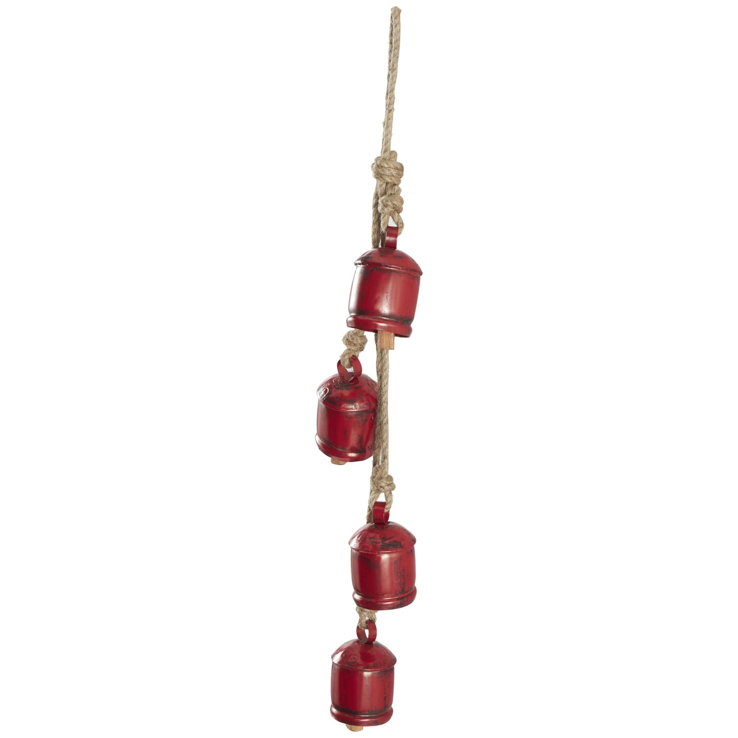 Deco 79 Metal Indoor Outdoor Decorative Cow Bells Tibetan Inspired Cascading Meditation Bell with 4 Bells on Jute Hanging Rope, Cow Bell 3" x 3" x 27", Red