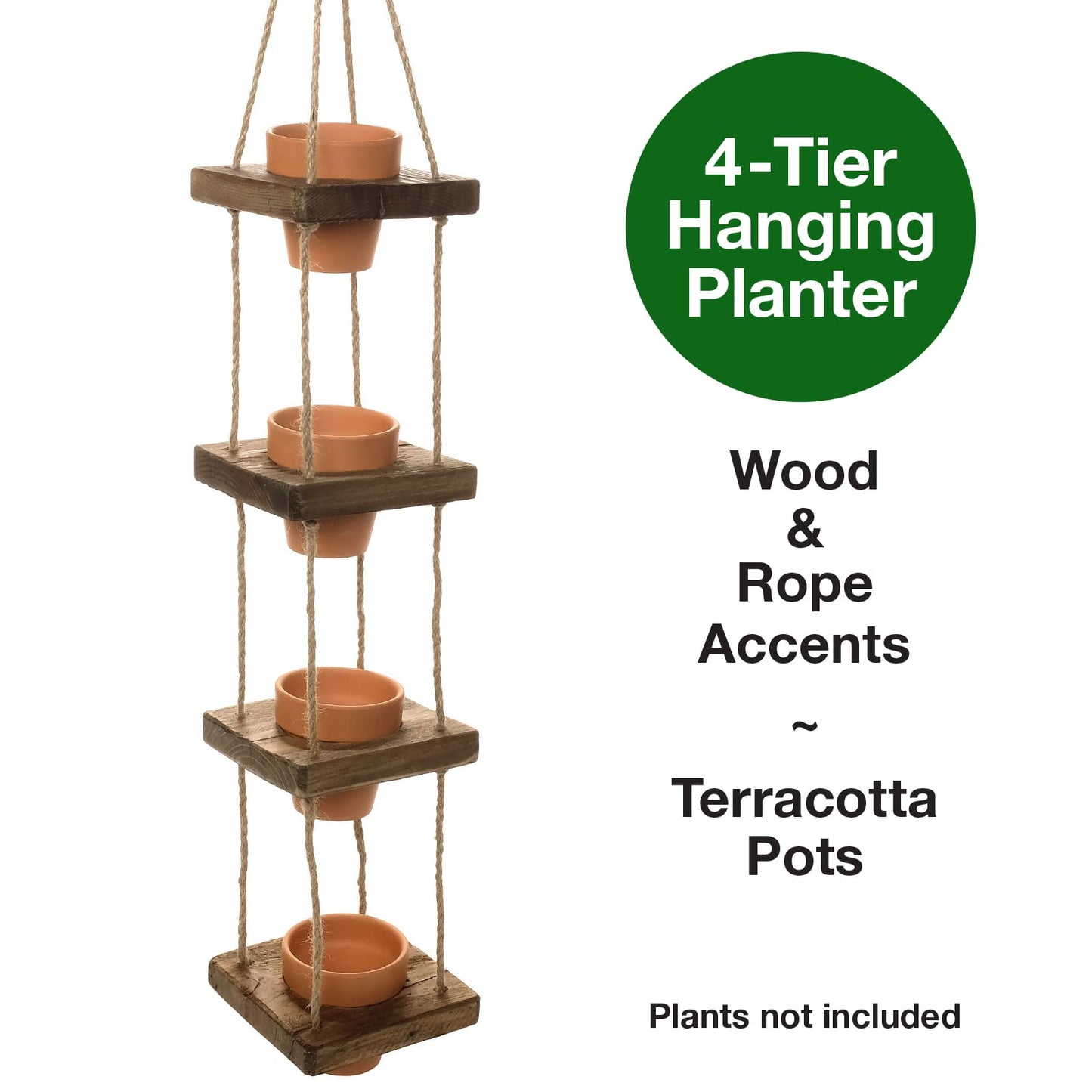 EXCELLO GLOBAL PRODUCTS Rustic 4-Tier Wooden Hanging Planter with Distressed Finish - Farmhouse Style. Comes with 4 Terracotta Pots, Ready for Hanging.