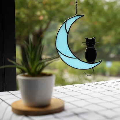 HAOSUM Black Cat Decor On Moon Suncatcher Decoration,Cat Memorial Gifts for Cats Lovers Stained Glass Window Hangingt,Cats Loss Sympathy Gift,Pet Memorial Gifts for Women