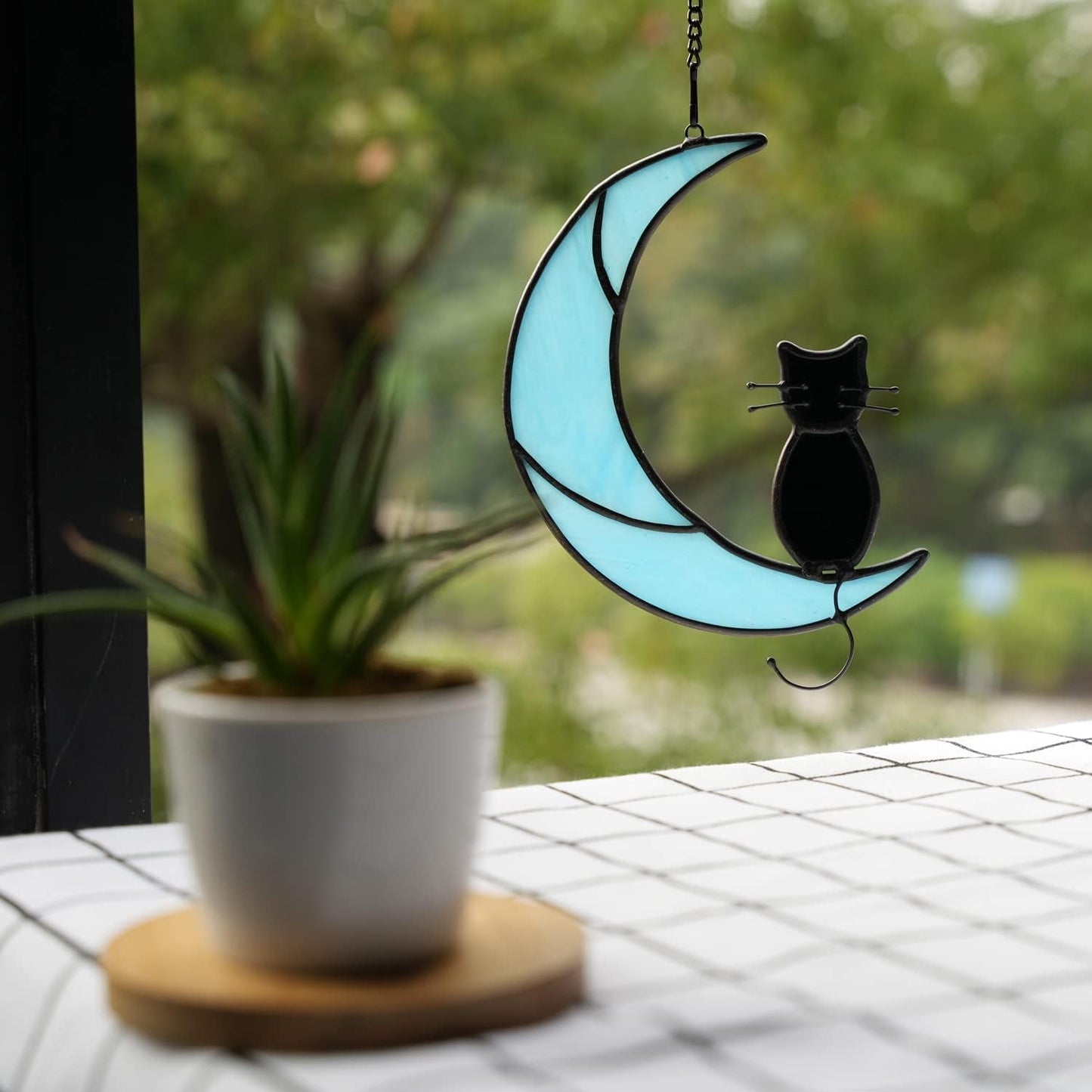 HAOSUM Black Cat Decor On Moon Suncatcher Decoration,Cat Memorial Gifts for Cats Lovers Stained Glass Window Hangingt,Cats Loss Sympathy Gift,Pet Memorial Gifts for Women
