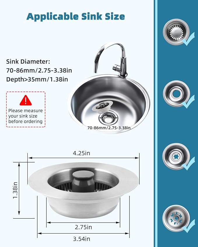 Universal Kitchen Sink Drain Strainer, 3 in 1 Stainless Steel Pop Up Kitchen