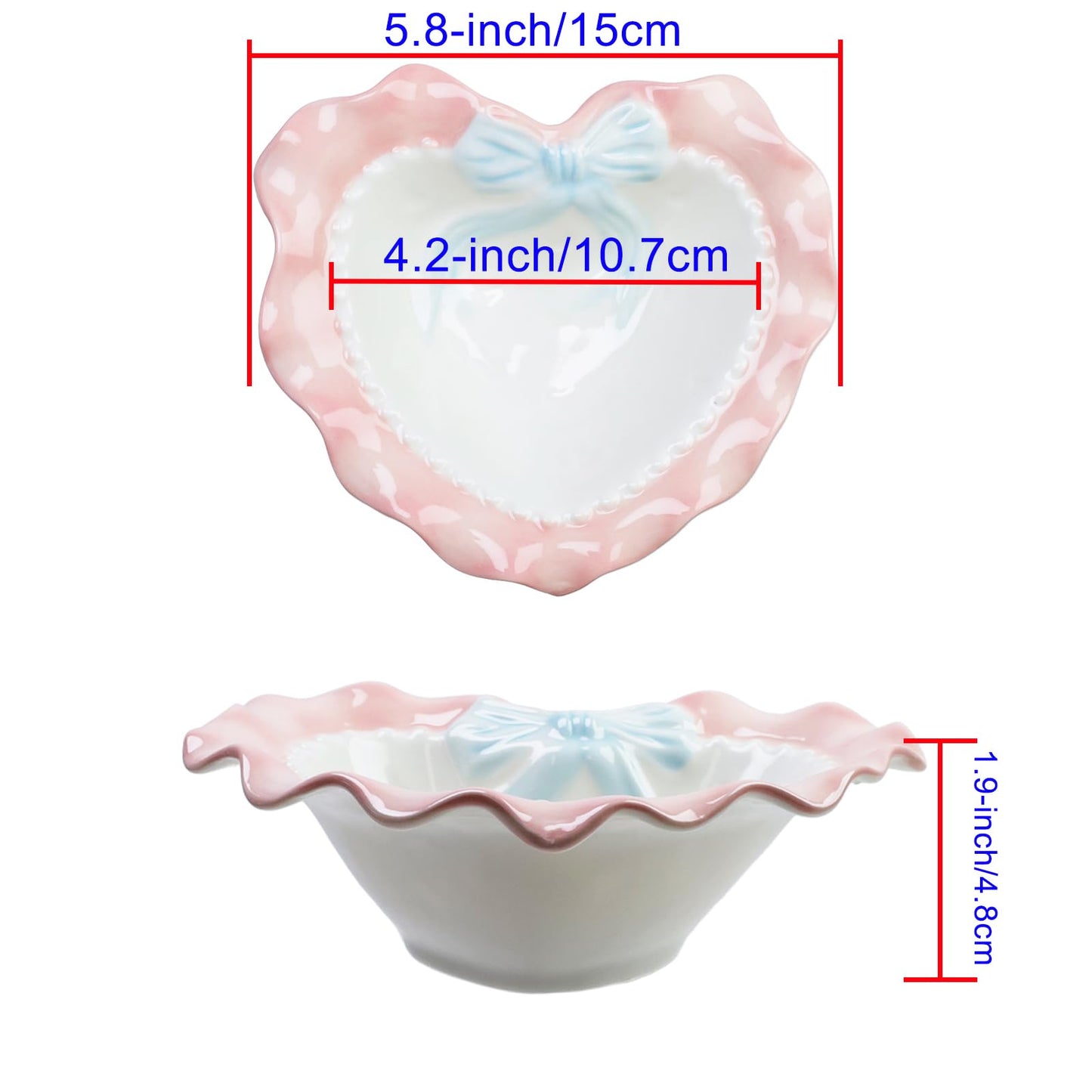 Bitray Heart Shaped Dessert Bowl Lovely Ceramic Wavy Lace Bowl for Rice Grain Fruit and Salad (Pink)