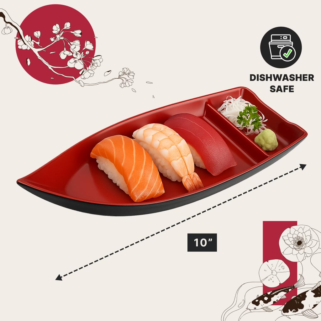JapanBargain 2-Pack Sushi Boat Serving Plate with Divider, 10 Inch Japanese Sashimi Sushi Plate Dish, Chip and Dip Appetizer Tray for Soy Sauce Wasabi Ginger, Melamine Sushi Serving Dish