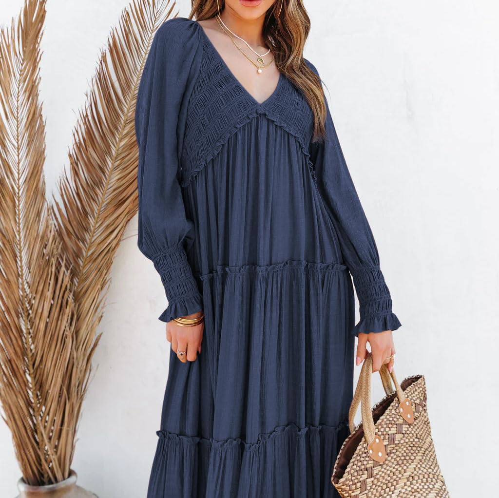 R.Vivimos Maxi Dress for Women Long Sleeve V Neck Empire Waist Layered Ruffle Boho Casual Flowy Long Dresses