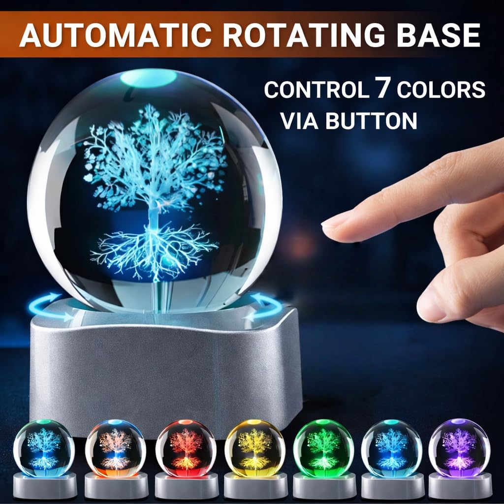 Zerelys 3D Tree of Life Crystal Ball Night Light for Women Men Boys Girls, 3.15 Inch LED Crystal Lamp with Automatic Rotating Light Led Base, Birthday Gift for Kids, Bedroom Decor with Gift Box