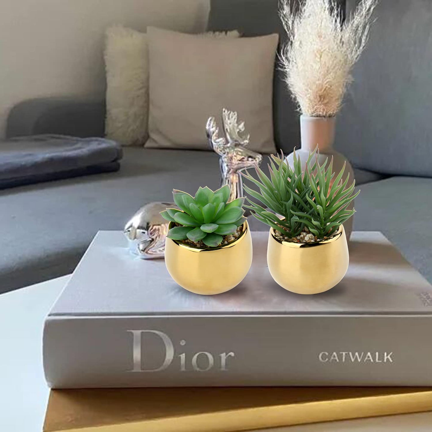 Briful Small Artificial Succulents in Pots Set of 3 Realistic Faux Succulents Plants with Gold Ceramic Pots Cute Mini Fake Plants Decor for Modern Home Table Office Desk Bathroom Shelf Decoration
