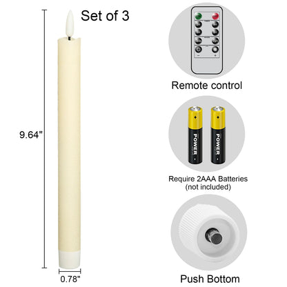 KunSwenn Taper Candles Battery Operated with Remote Timer, with Remote Timer Flameless Taper Candles, LED Flameless Candlesticks for Halloween Christmas Home Decor(Set of 3, 0.78” x 9.65”)