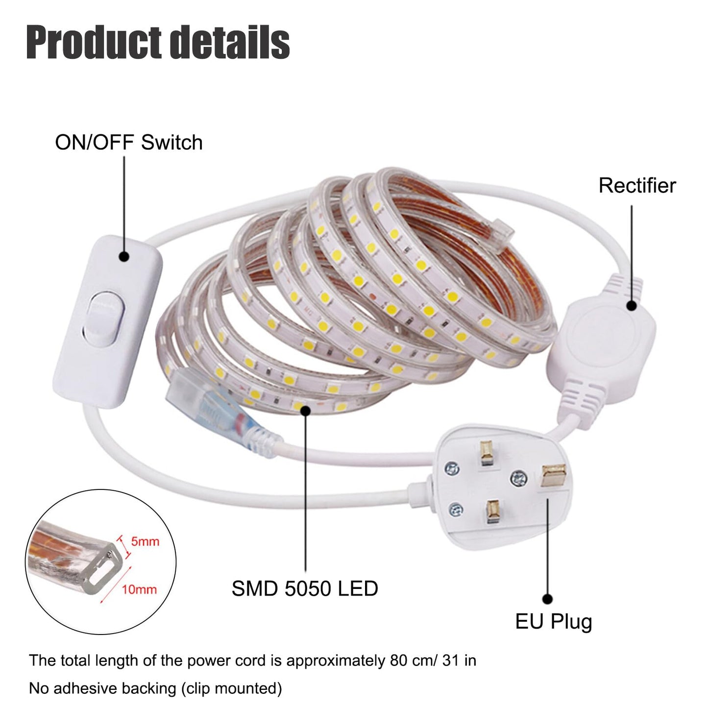 GQL 2m 5050 LED Strip Warm White with Switch (80cm Cable), Mains Powered SMD 60LEDs/m Commercial Rope Light, IP65 Waterproof for Indoor/Outside Decoration UK Plug Supply