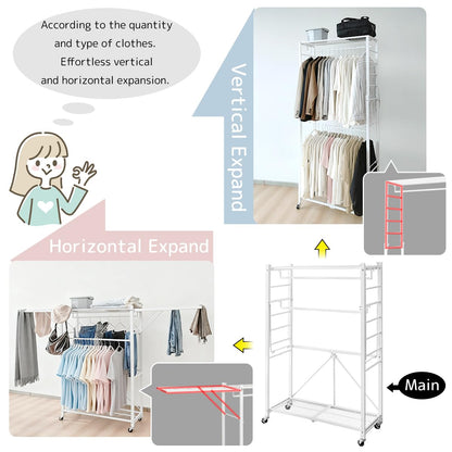 lumizone Folding Clothing Rack with Wheels Expandable Wardrobe Portable Clothes Rack for Hanging Clothes Adjustable Closet Shelves Garment Rack Durable Closet Racks for Hanging Clothes (Pro Black)