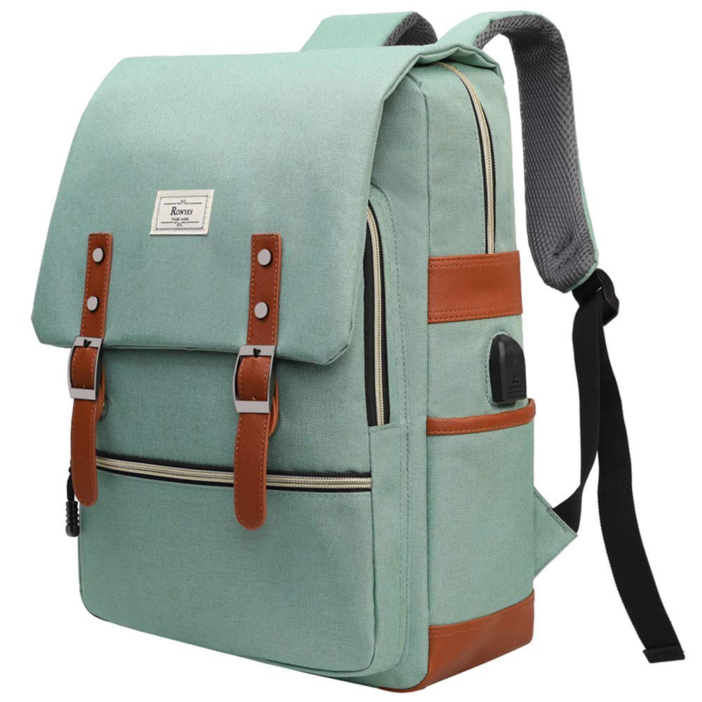 Ronyes College Bag Fits up to 15.6’’ Laptop Casual Rucksack Waterproof Business Travel School Backpack Daypacks with USB Unisex(LightGreen)